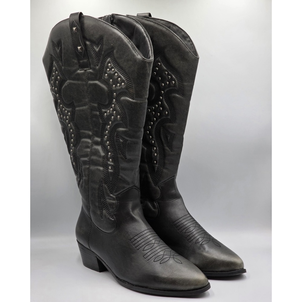 Torrid Studded Western Knee Boots 13WW Extra Wide Black Distressed Cowgirl Zip